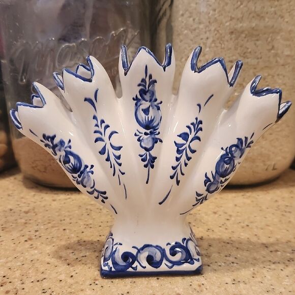 Vintage Portugal Handpainted Blue and White Ceramic Finger Vase